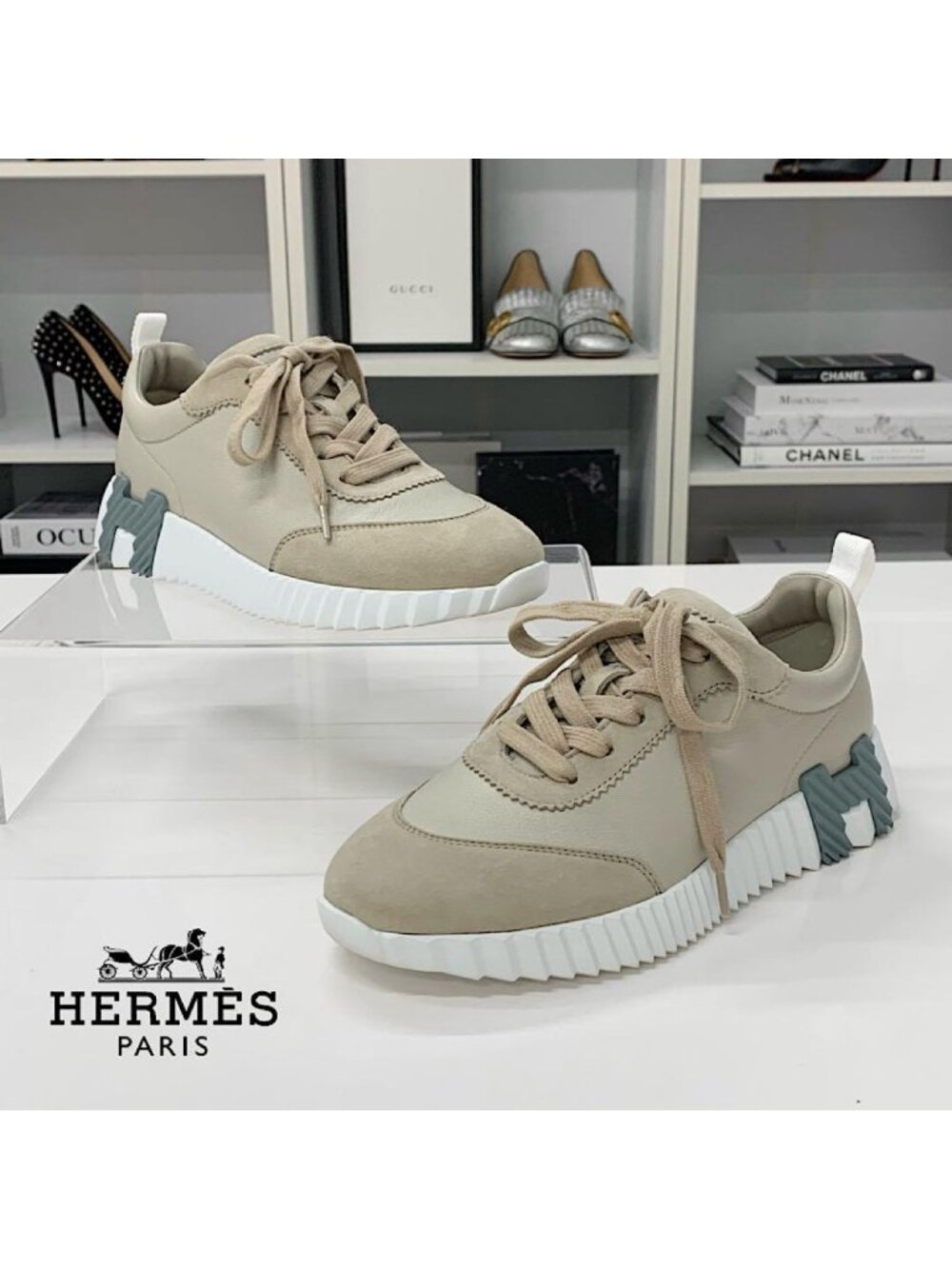Hermes Bouncing Leather Suede Sneakers Greige